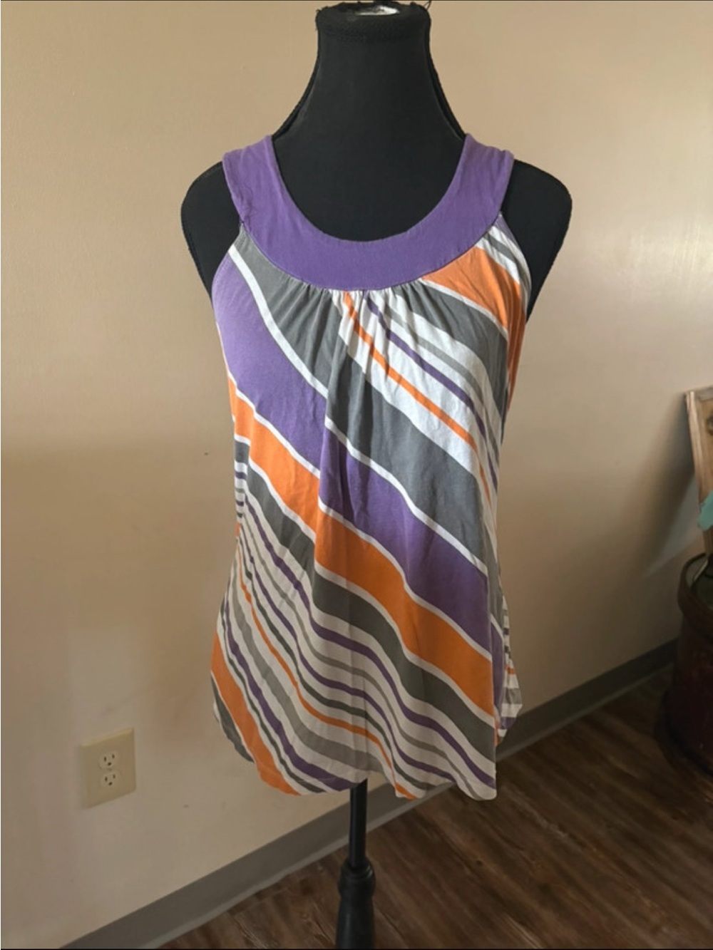 Vanity Purple, Orange & Gray Striped Scoop Neck Tank